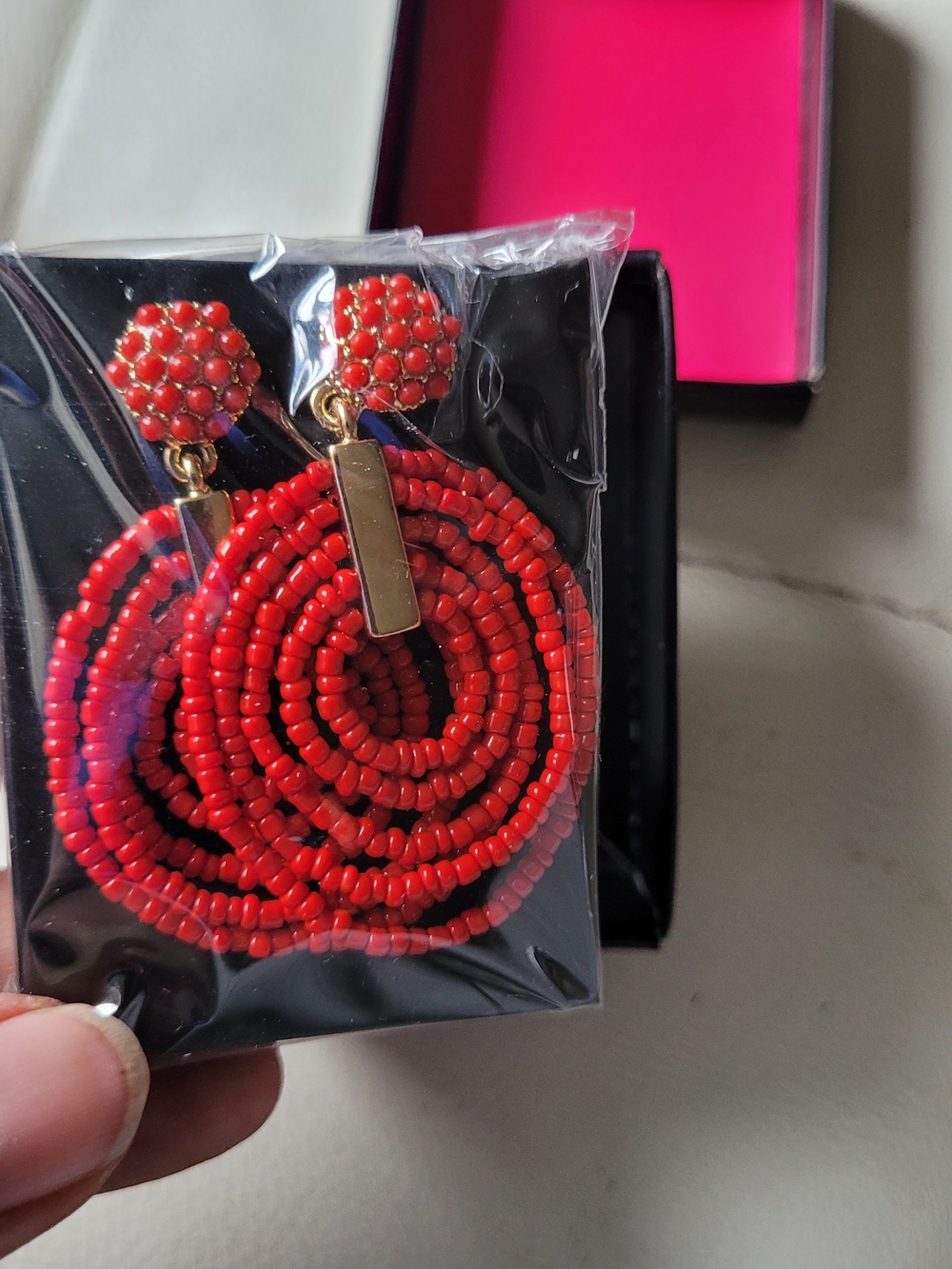 Anthropologie Vibrant Red Beaded Earrings with Gold Accents